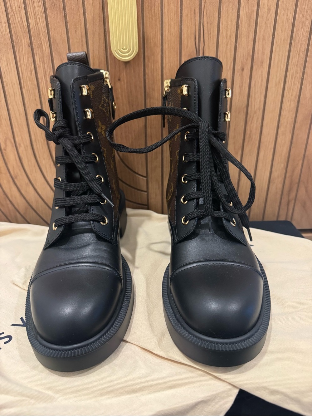 Louis Vuitton Black & Brown Monogram Lace-Up Combat Boots - Women's - Picture 7 of 12
